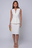 Ivory Sheath Single Breasted V Neck 2 Piece Work Dress