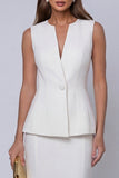 Ivory Sheath Single Breasted V Neck 2 Piece Work Dress