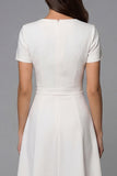 Ivory A Line Square Neck Breasted Short Sleeves Midi Work Dress