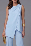 Sky Blue V Neck Sleeveless 2 Piece Work Suits