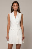A Line Double Breasted Pleated White Short Work Dress