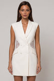 White Peak Lapel Bodycon Short Work Dress with Lace