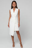White Peak Lapel Sheath High Low Work Dress