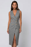 Grey Sheath Double Breasted Midi Work Dress with Slit