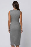 Grey Sheath Double Breasted Midi Work Dress with Slit