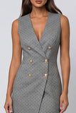 Grey Sheath Double Breasted Midi Work Dress with Slit