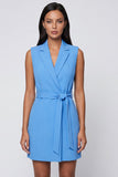 Peak Lapel Blue A Line Short Work Dress with Belt