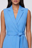 Peak Lapel Blue A Line Short Work Dress with Belt