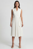Ivory A Line Pleated Midi Work Dress with Belt