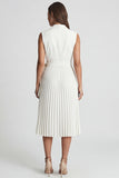 Ivory A Line Pleated Midi Work Dress with Belt