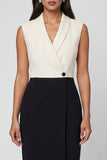 Black and White Sheath Shawl Lapel Midi Work Dress