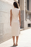 Sheath Ivory Single Breasted Midi Work Dress with Slit