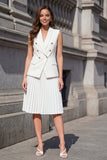Pleated White A Line Midi Work Dress