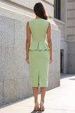 Light Green Sheath Ruffled Midi Work Dress
