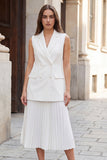 Pleated White A Line Double Breasted Midi Work Dress