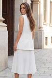 Pleated White A Line Double Breasted Midi Work Dress