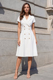 Short Sleeves A Line White Midi Work Dress
