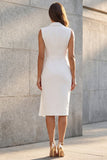 Sheath White Ruched Sleeveless Midi Work Dress