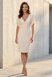 Sheath Ivory V Neck Beaded Midi Work Dress