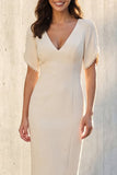 Sheath Ivory V Neck Beaded Midi Work Dress