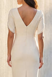 Sheath Ivory V Neck Beaded Midi Work Dress