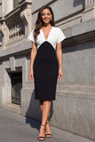 Black and White Sheath V Neck Midi Work Dress