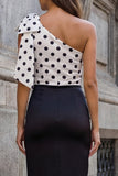 Black and White One Shoulder Sheath Midi Work Dress