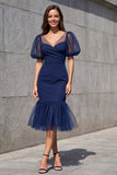 Navy Mermaid V Neck Midi Work Dress