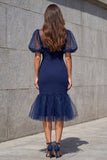 Navy Mermaid V Neck Midi Work Dress