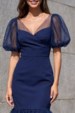 Navy Mermaid V Neck Midi Work Dress