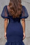 Navy Mermaid V Neck Midi Work Dress