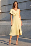 Yellow Pleated A Line Midi Work Dress with Slit