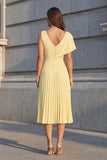 Yellow Pleated A Line Midi Work Dress with Slit