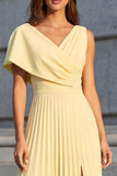 Yellow Pleated A Line Midi Work Dress with Slit