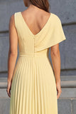 Yellow Pleated A Line Midi Work Dress with Slit
