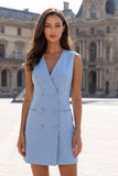 Double Breasted Blue A Line Short Work Dress