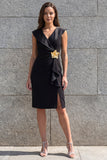 Black Floral Ruched Midi Work Dress with Slit