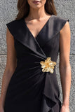 Black Floral Ruched Midi Work Dress with Slit