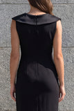 Black Floral Ruched Midi Work Dress with Slit