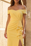 Sheath Yellow Ruffled Midi Work Dress with Slit