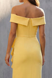 Sheath Yellow Ruffled Midi Work Dress with Slit