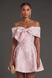 Pink Jacquard Floral A Line Short Wedding Guest Dress