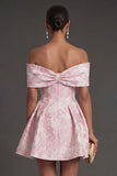 Pink Jacquard Floral A Line Short Wedding Guest Dress