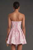 Pink Jacquard Floral Sweetheart Short Summer Wedding Guest Dress