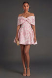 A Line Jacquard Pink Floral Short Summer Wedding Guest Dress