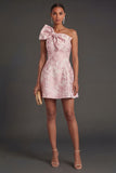 A Line Floral Pink Jacquard Short Summer Wedding Guest Dress with Bow