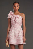 A Line Floral Pink Jacquard Short Summer Wedding Guest Dress with Bow