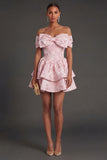 A Line Floral Jacquard Off the Shoulder Short Summer Wedding Guest Dress