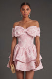 A Line Floral Jacquard Off the Shoulder Short Summer Wedding Guest Dress