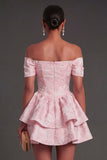 A Line Floral Jacquard Off the Shoulder Short Summer Wedding Guest Dress